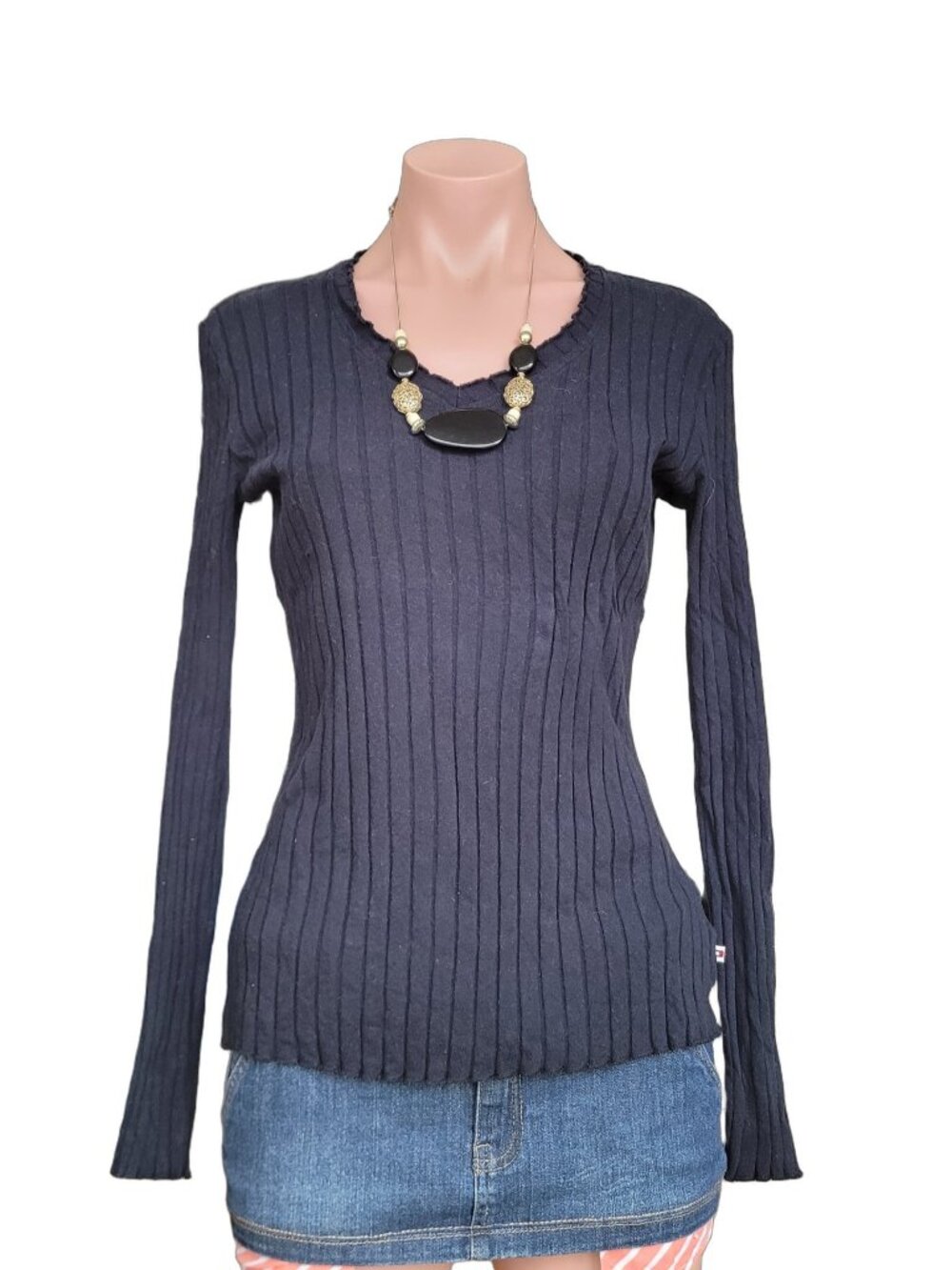 TOMMY HILFIGER Black Ribbed Slim Fit Knit Top (M)